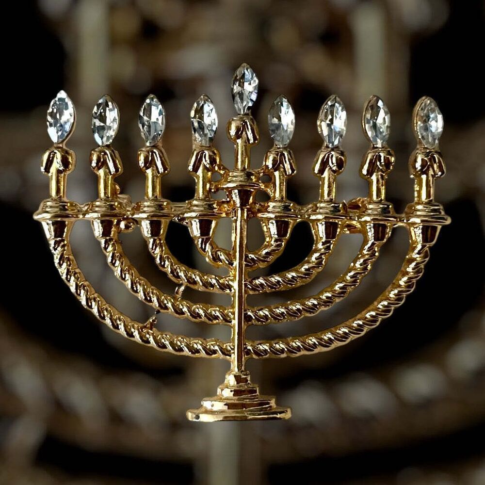 Sparkling Menorah Blue Rhinestone Brooch
